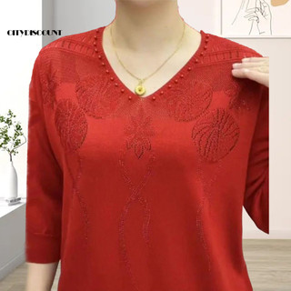 Áo len cổ chữ V 3/4 tay, thun mềm mại, phù hợp cho mẹ trung niên