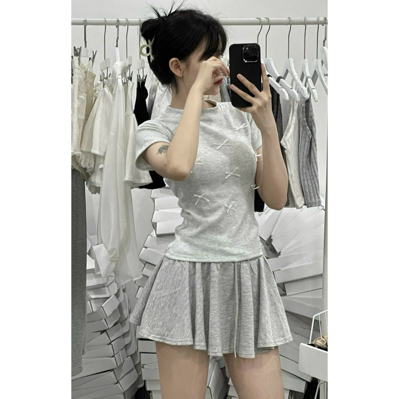 Áo thun baby tee đính nhiều nơ chất cotton co dãn phong cách Hàn Quốc M150