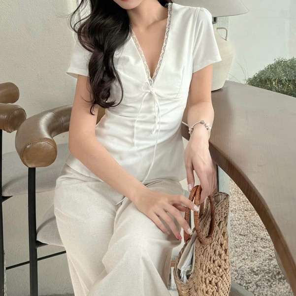 Áo Kiểu Linen Xinh Nữ Cổ V Phối Viền Ren Tay Ngắn Mùa Hè  Phong Cách Hàn Quốc Đẹp Kimee M217