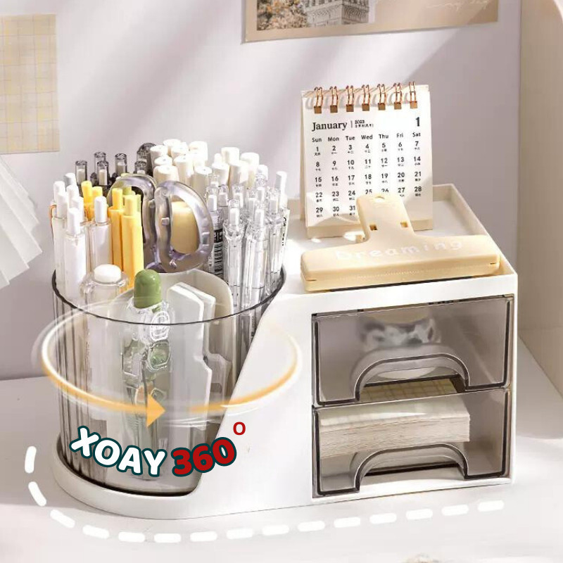 Hộp Đựng Bút Thông Minh Xoay 360° Kèm 2 Tầng Ngăn Kéo, Đựng Đồ Gọn Gàng, Tiện Dụng