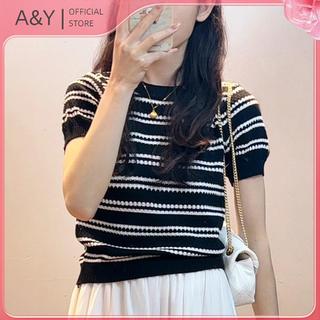 A & Y Mùa Hè Mới Thời Trang Sọc Tay Ngắn Màu Trơn Đa Năng Giảm Tuổi Áo Thun Dệt Kim Giảm Béo Hàng Đầu.