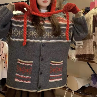 Áo len retro jacquard vải mềm mại sáp không khí, thời trang thu đông, ấm áp
