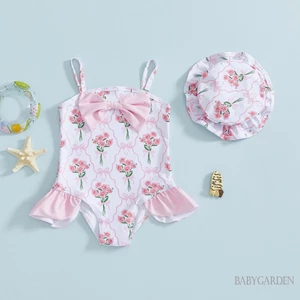 Bộ đồ bơi bé gái mới biết đi có mũ nơ hoa Spaghetti Dây đeo Bộ đồ tắm cho bể bơi đi biển