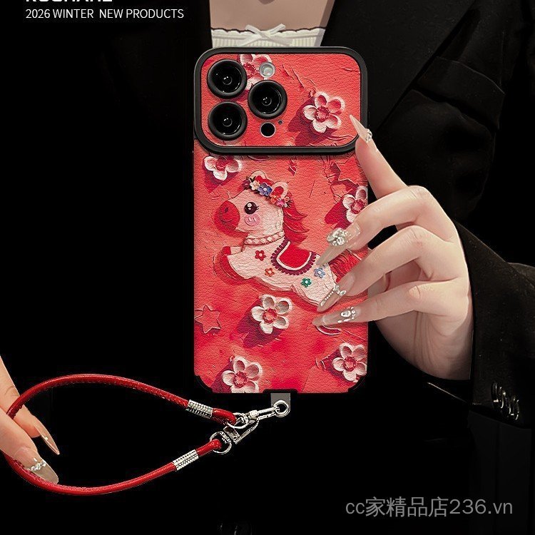 Tranh Sơn Dầu Pony Dây Thích Hợp Cho Da Cừu Vỏ Điện Thoại iphone17promax Silicone Cam 16 15 13 12 11