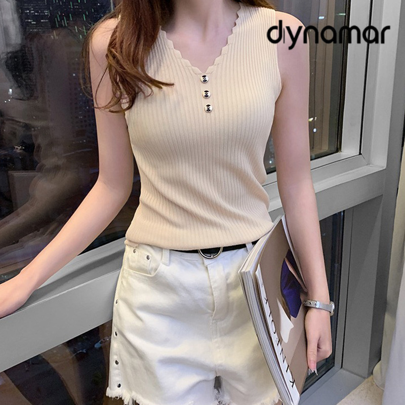 【dynamar】Áo tank top nữ cổ V,, áo tank top không tay bằng lụa băng, áo dệt