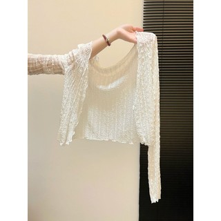 [Vải ren] Áo len Cardigan chống nắng màu trắng họa tiết gợn sóng dành cho nữ Khăn choàng bên ngoài Áo ren mỏng