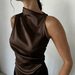 Nova-Áo vest satin cổ cao thanh lịch, vạt bất đối xứng, không tay, thời trang ôm sát dành cho nữ.