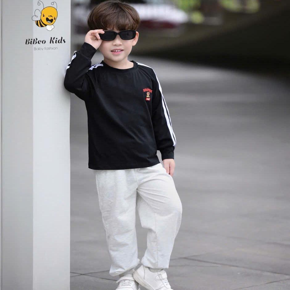 [BiBeo Kids] Bộ Quần Áo THU ĐÔNG PHỐI DÂY THÊU GẤU BROWN cho bé trai ,Bộ quần áo dài tay cho bé