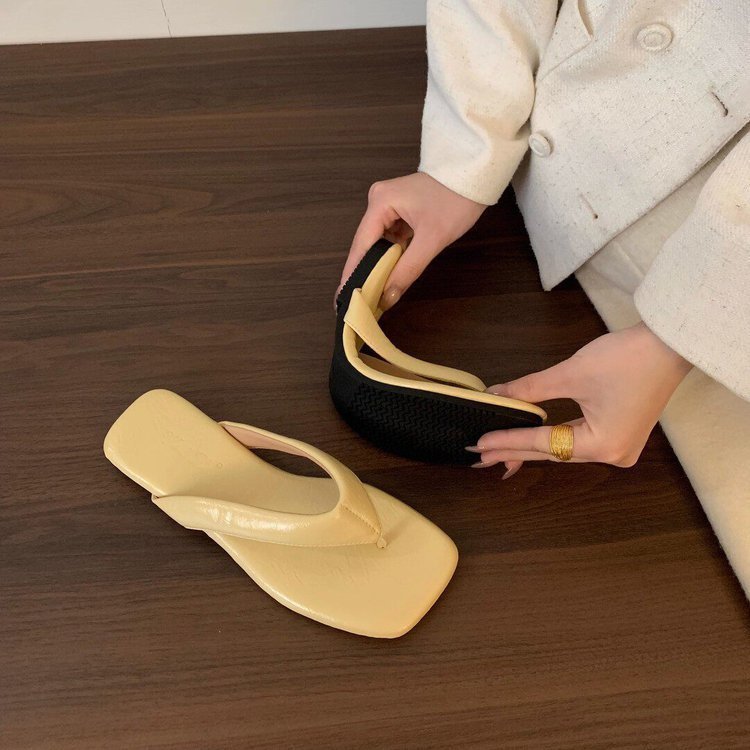Mùa hè Nhẹ Thoải Mái Mặc Bên Ngoài Đế Phẳng Gót Đế Bằng Nhẹ Giày Đi Biển Flip-Flops Thời Trang Mặc Bên Ngoài Chống Trơn Trượt Mũi Vuông Flip-Flops Nhà Máy Giá Bán Buôn