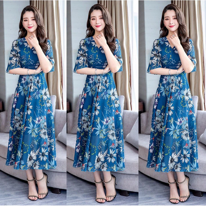 Váy dài qua gối họa tiết hoa mùa hè dành cho nữ, váy in họa tiết, váy ngắn tay cổ chữ V dài vừa phải, váy chữ A tay chuô