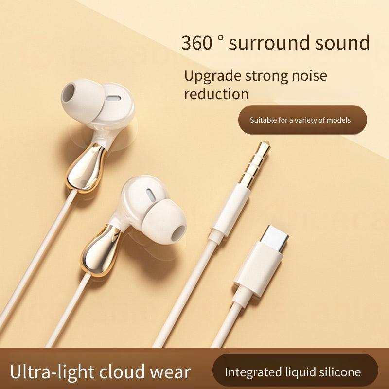 Tai nghe có dây trong tai, giảm ồn, âm HiFi 360° vòm, đầu silicon mềm, cắm và chạy, Type-C/3.5mm