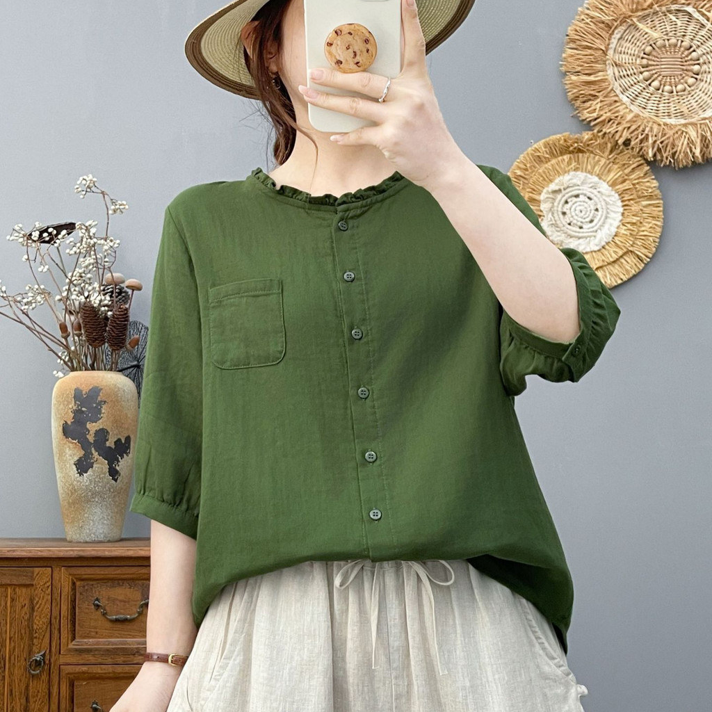 [Hàng có sẵn] Áo sơ mi nữ chất liệu 100% Cotton mềm mại, cổ ren đơn giản, tay vừa, màu trơn