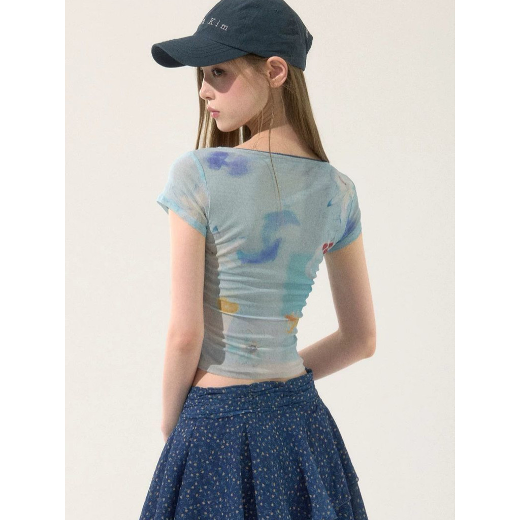 Milyfashion Phiên Bản Hàn Quốc Mùa Hè 2026 Phong Cách Mới Cổ Chữ U Lớn Màu Sắc Tương Phản Kim Cương Ren In Slim-fit Áo Thun Tay Ngắn Mỏng Ngắn Top TULU