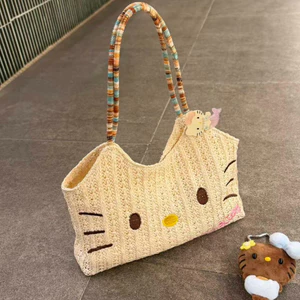 Hầu hết lời khen ngợi Mùa hè Phong cách kỳ nghỉ dệt hello Kitty Túi xách ins Phong cách Rơm hello Kitty Túi quà tặng