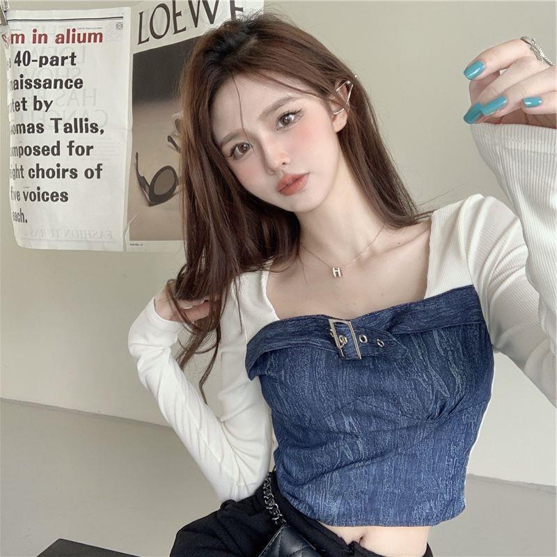 Ngọt Cay Khâu Denim Dài Tay Giả Hai Mảnh Đáy Áo Sơ Mi Nữ Mùa Thu Thiết Kế Niche Pure Desire Ngắn Top
