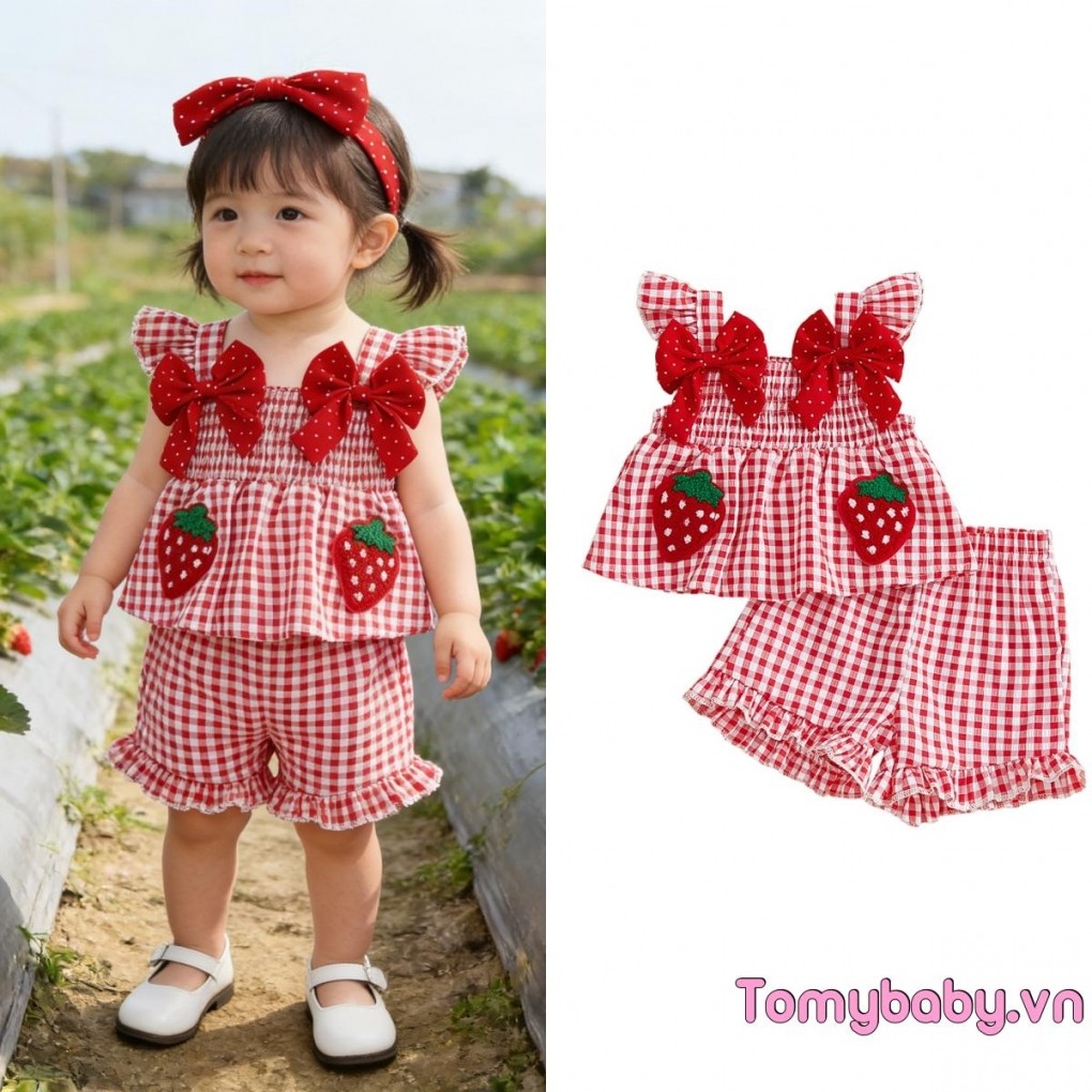 Bé Gái Trang Phục Mùa Hè Dâu Thêu Kẻ Sọc Nơ Xù Viền Xe Tăng Áo + Quần Short Bộ 2 Chiếc