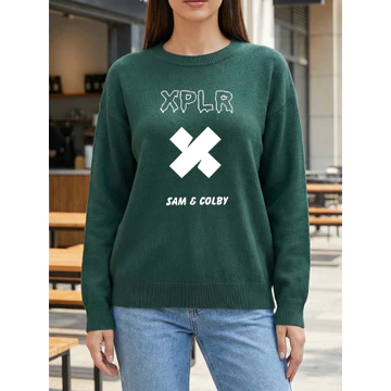 Chủ đề Logo Sam & Colby XPLR in hình chủ đề len cổ tròn màu xanh đậm, Áo len dài tay mùa thu đông dành cho nữ, Áo len phù hợp cho nữ, Áo len nữ phong cách mới Xu hướng phiêu lưu theo xu hướng thường n