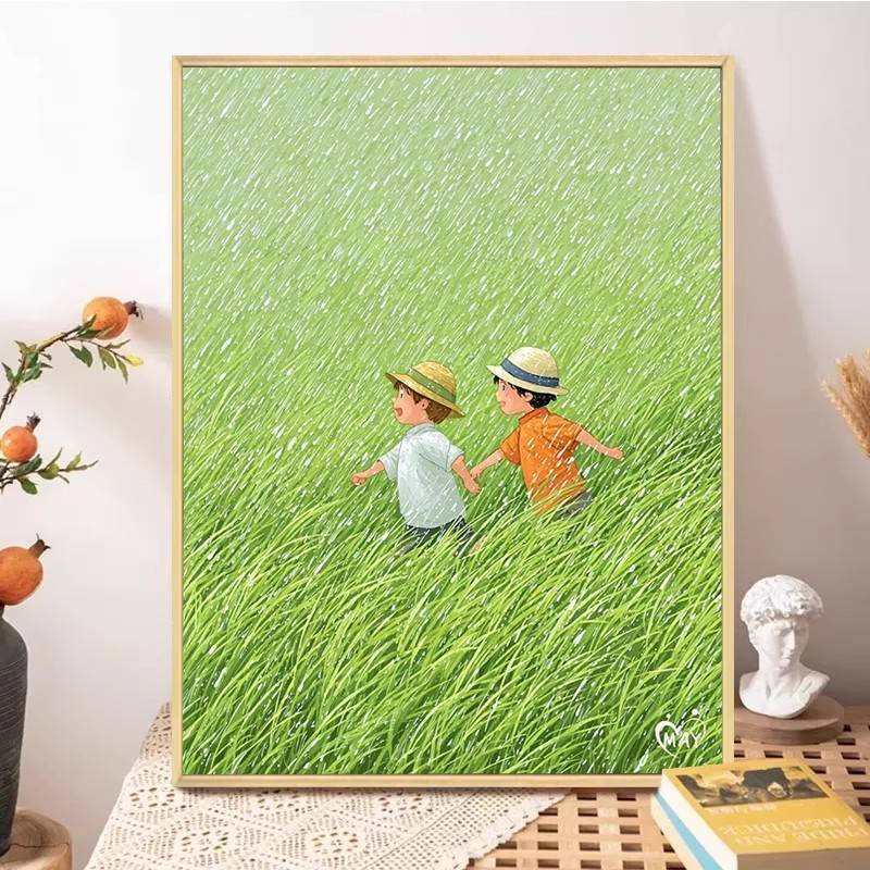 Tranh Canvas trang trí nhà cửa quyến rũ như trẻ con vào những ngày mưa, phong cảnh tươi mát, đẹp, vùng nông thôn xanh, thích hợp cho phòng ngủ và phòng khách