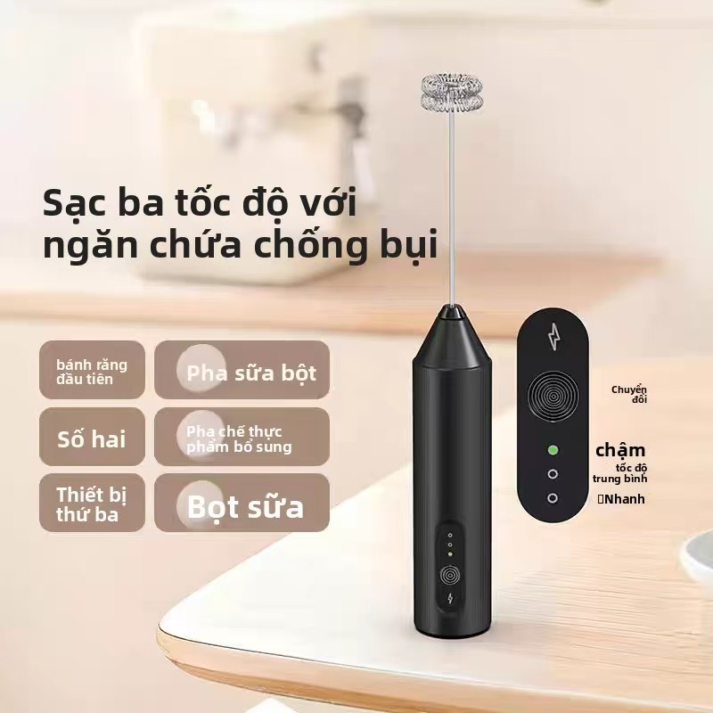 Máy đánh bọt sữa sạc Type-C: 3 tốc độ, gọn nhẹ, đa năng + nắp đựng