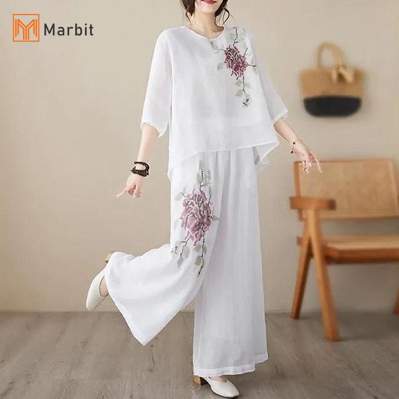 Marbit Áo Sơ Mi Thêu và Quần Ống Rộng Retro, Thời Trang cho Nữ