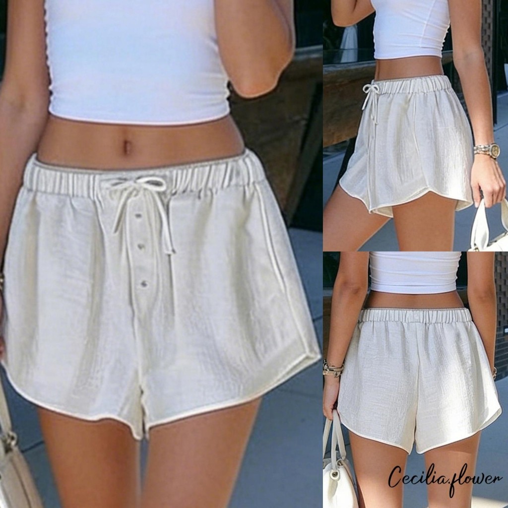 [Rjqu] Quần Short Nữ Mini Dây Rút Thắt Lưng Co Giãn Trang Trí Nút Mùa Hè Quần Short In Sọc Có Túi