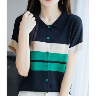 Dệt Kim Tay Ngắn Nữ Mùa Hè Phong Cách Mới Băng Lụa Bao Bụng Rời Áo Thun Đi Lại Đơn Giản Ve Áo Top 2026