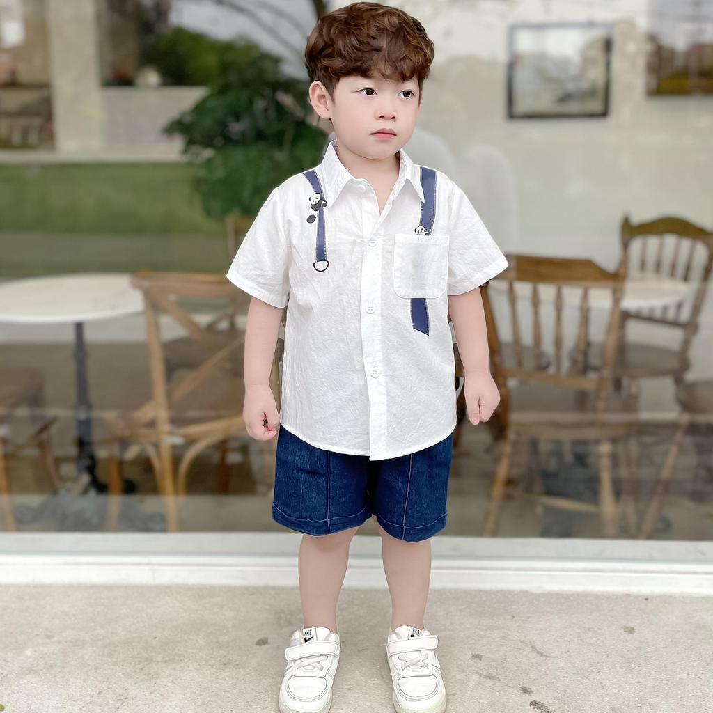 Bộ quần áo SƠ MI GẤU TRÚC  TRẮNG QUẦN BÒ XANH cho bé siêu bảnh trai [1 - 6 tuổi]