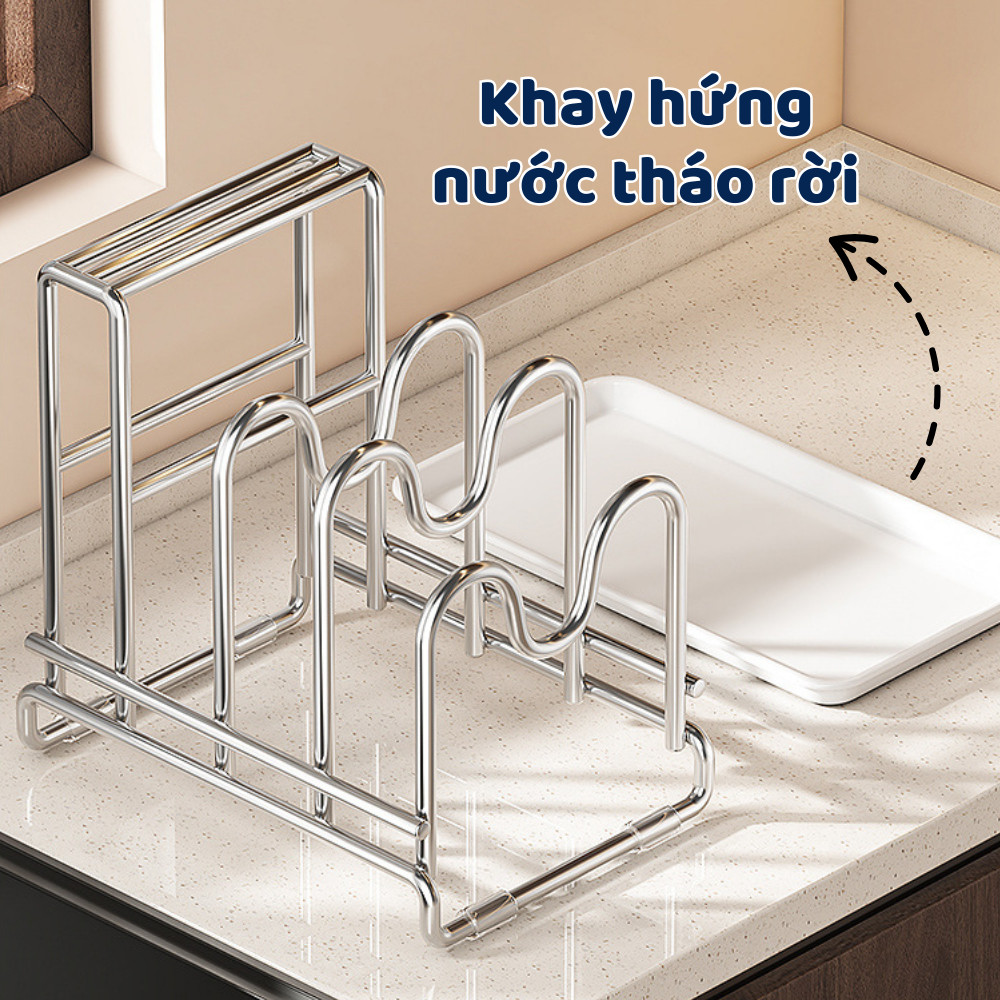 Kệ Để Dao Thớt Nắp Nồi HomeMate 3 Ngăn – Giá Cài Dao Inox Kèm Khay Thoát Nước, Gọn Gàng Nhà Bếp