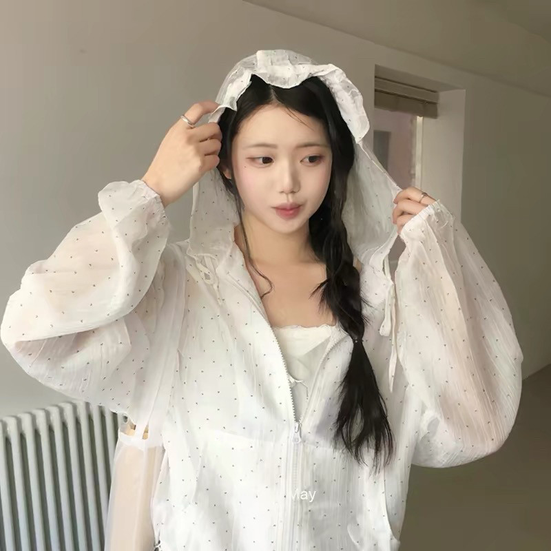 SUXI Áo khoác có mũ trùm đầu chống nắng chấm bi thông thường dành cho nữ mùa hè mới 260514