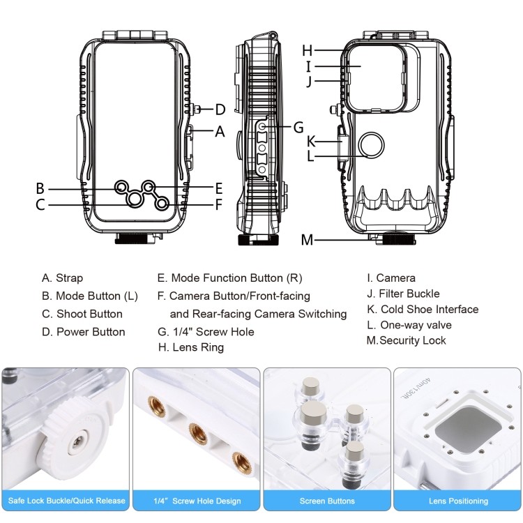 Sẵn sàng giao hàng Vỏ lặn chống nước PULUZ 40m / 130ft cho iPhone 16 / 15 / 15 Pro / 14 / 14 Pro / 13 / 13 Pro / 12 / 12 Pro, với Video chụp ảnh van một chiều chụp ảnh dưới nước Hosin