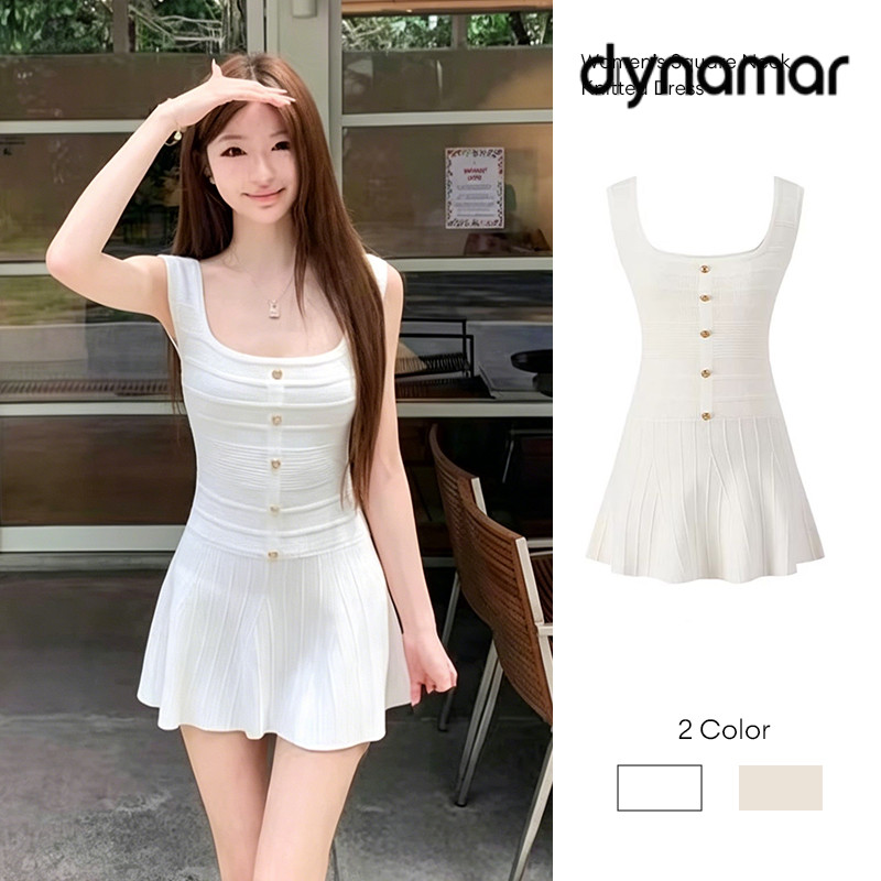 【dynamar】Đầm dệt kim cổ vuông không tay dáng ôm chữ A ngắn cho nữ, thời trang mùa hè.