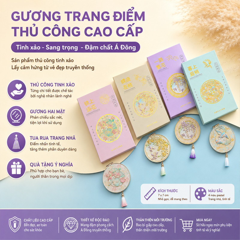 Gương Gấp Trang Điểm Cổ Trang Điệu Đà – Thiết Kế Hoa Lý, Quà Tặng Dễ Thương Cho Bạn Gái, Tặng Hộp Đẹp