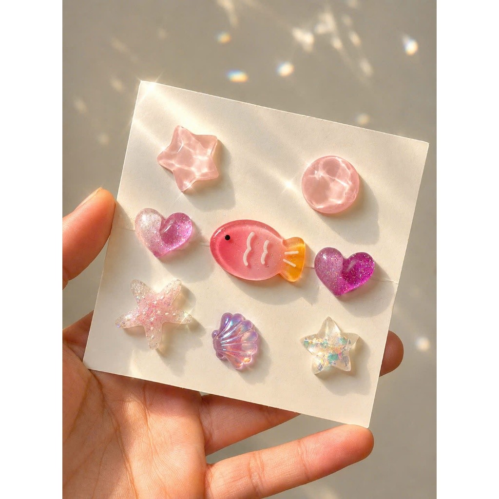 Set Charm Cá Hồng Galaxy ✨🐟 Charm Cá Mini Mix Sao Biển, Trái Tim Và Vỏ Sò Lấp Lánh Tone Hồng Pastel Gắn Dép Cute 🌸💖