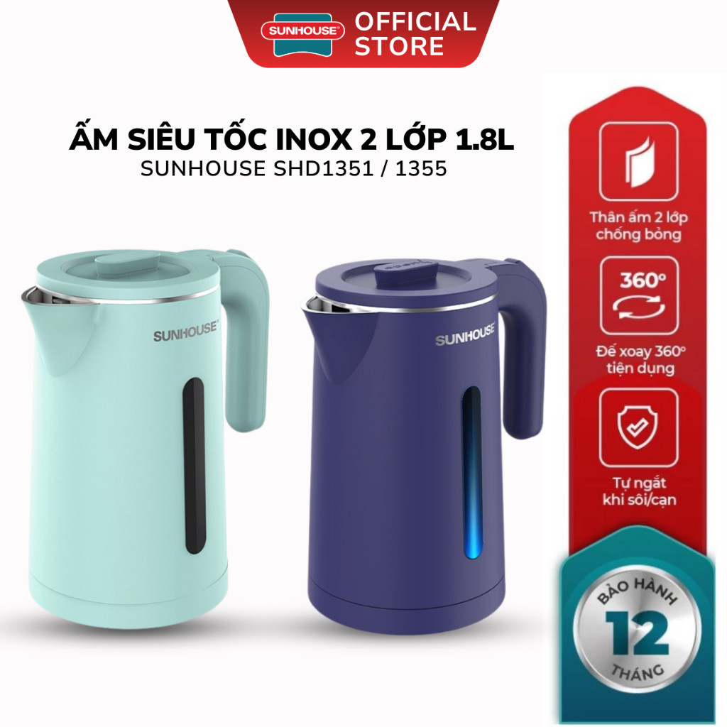 Ấm Siêu Tốc Inox 2 Lớp 1.8L Sunhouse SHD1351 / SHD1355 - Bảo Hành 12 Tháng, Công Suất 1500W Inox 304