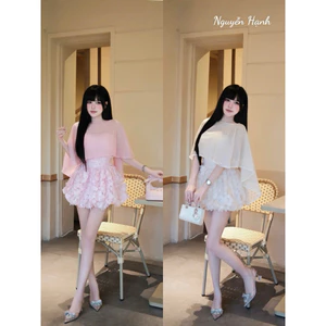 SÉT ĐẦM REN 2 DÂY ĐÍNH HOA FORM BÍ , ÁO CHOÀNG TƠ BYJOLIE