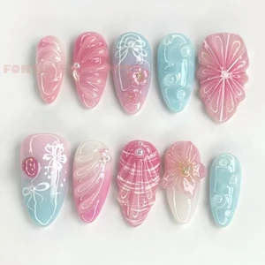 24 Chiếc Móng Tay Giả Màu Xanh Hồng Có Hoa Trang Trí Dễ Dàng Ứng Dụng Cho Móng Tay Cho Cô Gái Nóng Váy Phù Hợp Với