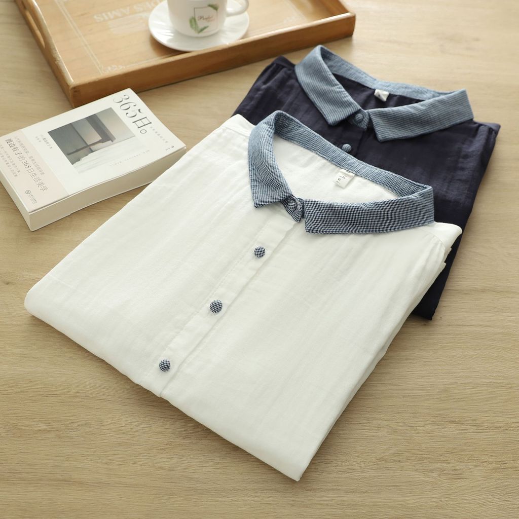 [Sẵn Sàng] Áo Sơ Mi Nữ 100% Sợi Cotton Cao Cấp Mùa Hè 2026 Mới Kẻ Sọc Nối Cổ Áo Sơ Mi Giữa Tay
