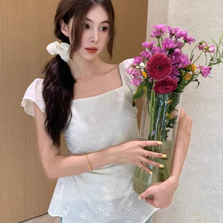 SUXI Áo sơ mi thêu rỗng đơn giản phong cách Pháp mới mùa hè dành cho nữ 260519