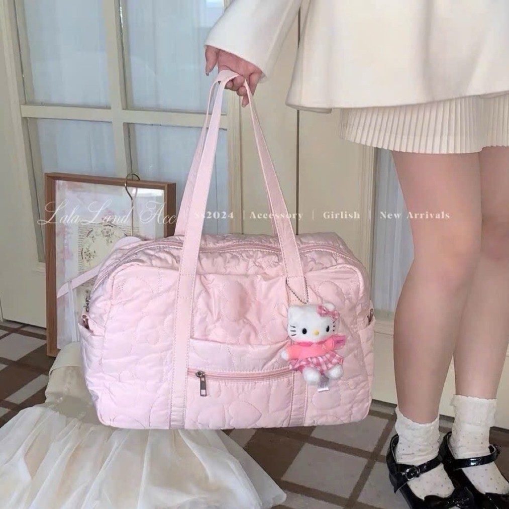 Túi du lịch chần bông màu hồng pastel ngọt ngào, túi đựng đồ dung tích lớn nhiều ngăn - 37x25x15cm