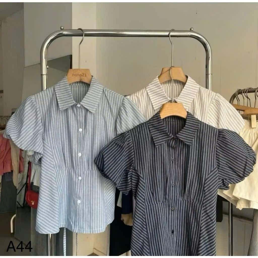 Áo sơ mi kẻ tay phồng dáng ngắn có dây thắt sau lưng chất thô linen cao cấp A285 SUTANO