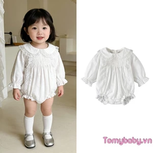Bộ áo liền quần dài tay cổ búp bê viền ren cho bé gái hàng ngày