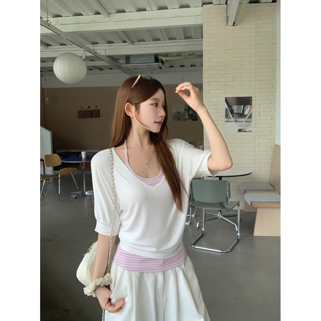 SUXI Áo thun cổ chữ V cổ tròn màu trơn mùa hè mới dành cho nữ 260513