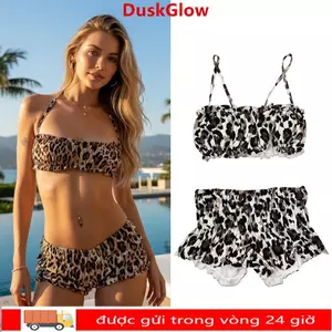 Đồ bơi nữ DUSKGLOW, Bikini đi biển phong cách đeo cổ điển, Bộ 2 mảnh in họa tiết da báo thời trang Bộ bikini đệm suối nước nóng