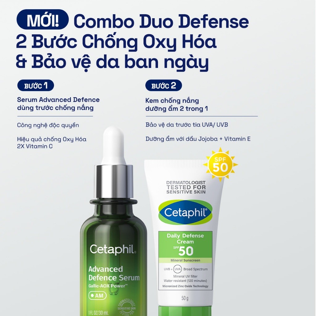 Combo Serum Tinh chất bảo vệ dưỡng da Advanced Defence 30ml và Kem chống nắng dưỡng ẩm Cetaphil Defense Cream SPF50 50G