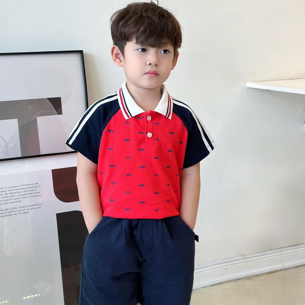Bộ quần áo POLO TAY RAGLAN IN OTO ĐỎ CHO BÉ TRAI,  Bộ quần áo chất POLO thoải mái cho bé