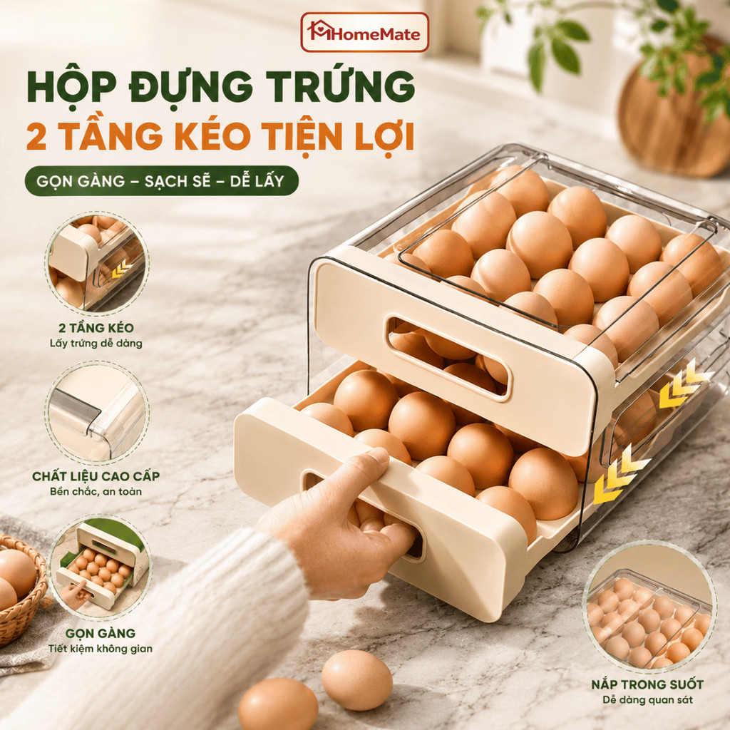 Hộp Đựng Trứng 2 Tầng 32 Ô HomeMate – Khay Bảo Quản Trứng Tủ Lạnh Có Nắp Đậy Trong Suốt, Xếp Chồng Tiện Lợi