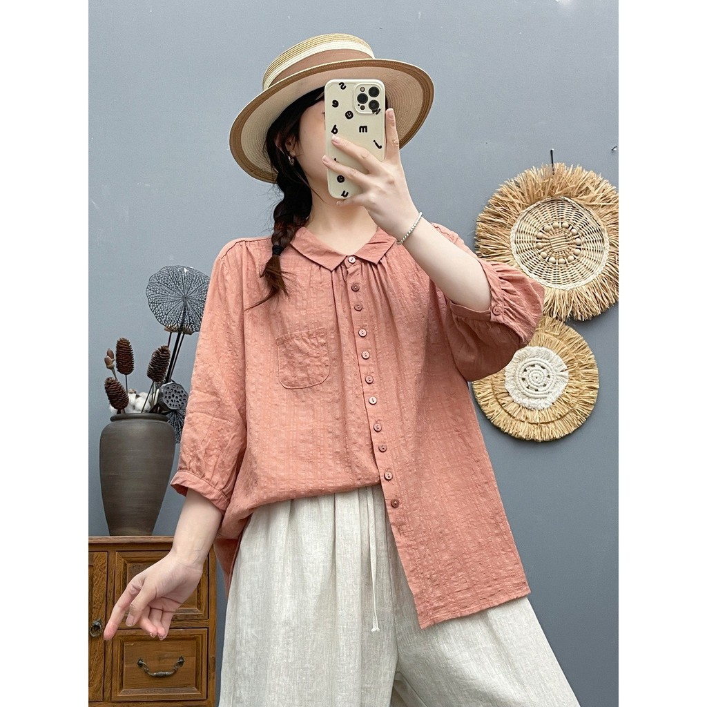 [Sẵn sàng] Áo sơ mi nữ 100% cotton chất lượng cao Áo sơ mi cotton bong bóng đơn giản mùa hè mới màu trơn Áo sơ mi ngắn tay đa năng