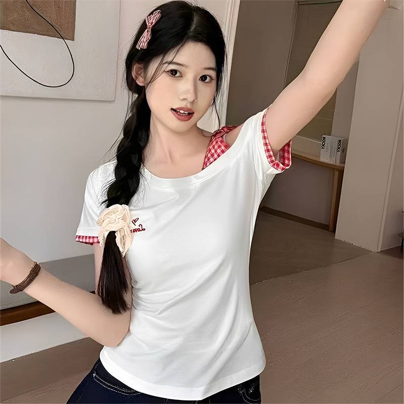 [KvJJL-t] Áo thun ngắn tay một vai màu trắng mùa hè dành cho nữ Phong cách mới Slim Fit buộc dây Pure Desire Style Off-shoulder Top mới