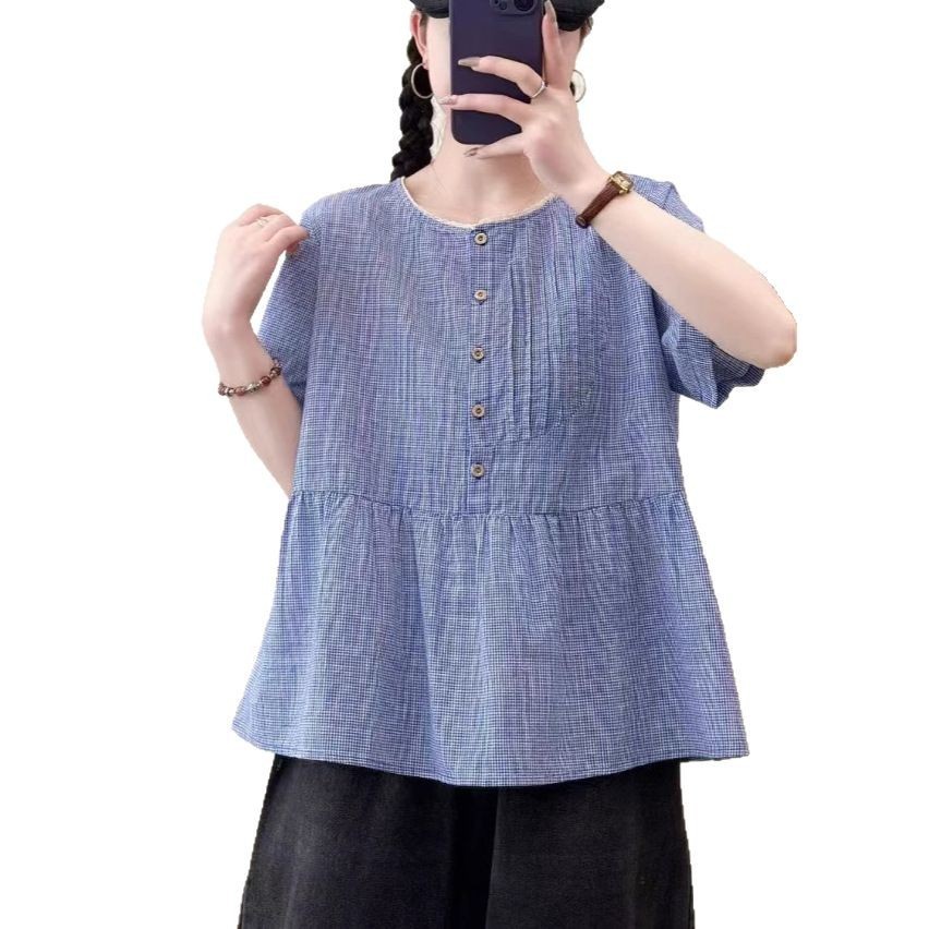 [Sẵn Sàng] Áo Sơ Mi Nữ Sợi Cotton Cao Cấp Mùa Hè Mới Ren Kẻ Sọc Hàn Quốc Cổ Tròn Tay Ngắn Rời Áo Sơ Mi Thường Ngày