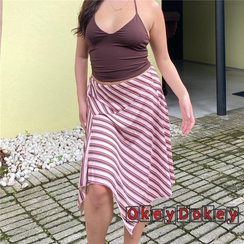 [OKDK] Váy Midi Nữ Thời Trang In Chấm / Sọc Một Đường Không Đều Viền Thấp Váy Cho Mùa Hè